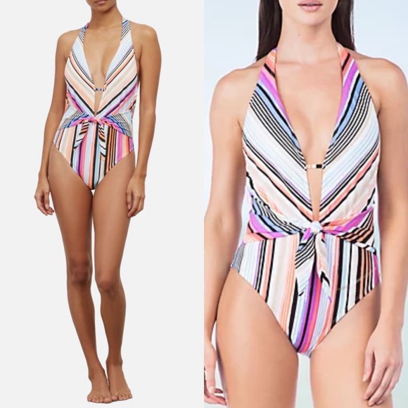 Kenneth Cole Striped Tie Plunge One Piece - Picture 2 of 8